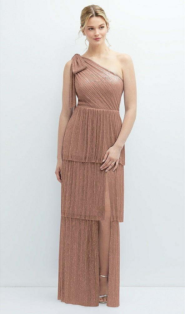 Front View - Metallic Sienna Tiered Skirt Metallic Pleated One-Shoulder Bow Dress