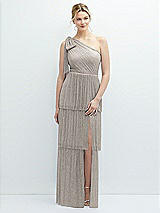 Front View Thumbnail - Metallic Taupe Tiered Skirt Metallic Pleated One-Shoulder Bow Dress