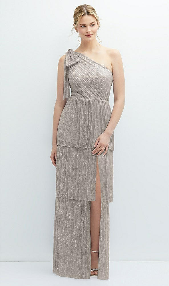 Front View - Metallic Taupe Tiered Skirt Metallic Pleated One-Shoulder Bow Dress