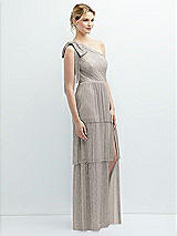 Side View Thumbnail - Metallic Taupe Tiered Skirt Metallic Pleated One-Shoulder Bow Dress