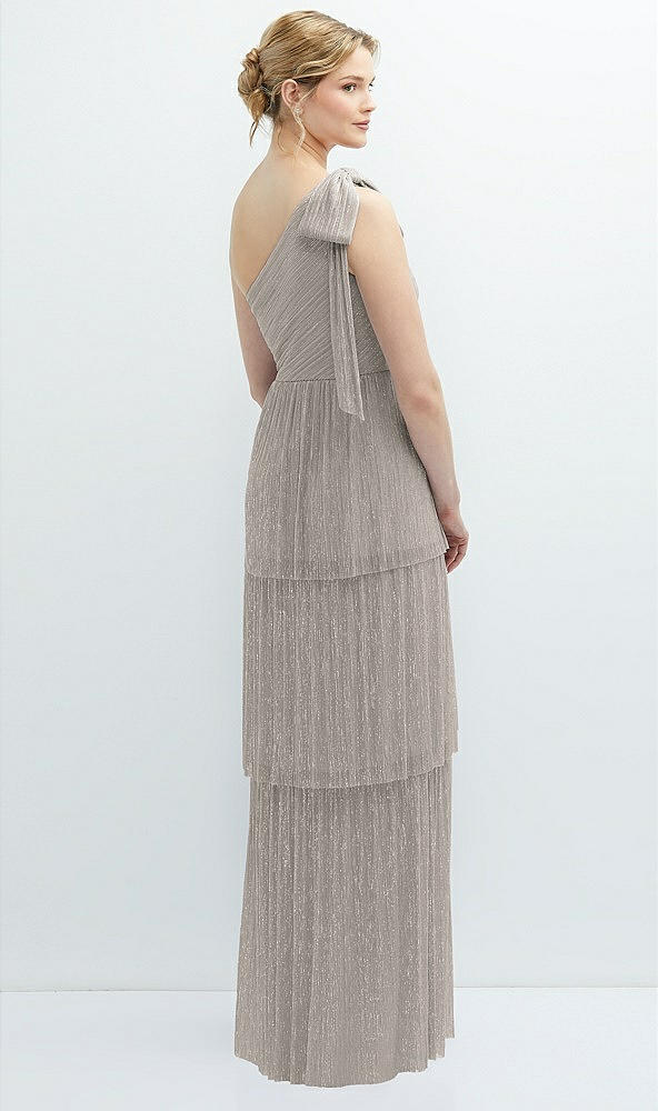 Back View - Metallic Taupe Tiered Skirt Metallic Pleated One-Shoulder Bow Dress