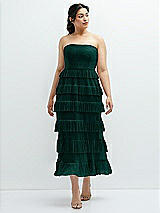 Front View Thumbnail - Metallic Evergreen Ruffle Tiered Skirt Metallic Pleated Strapless Midi Dress