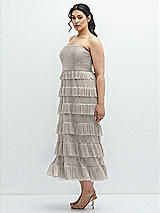 Side View Thumbnail - Metallic Taupe Ruffle Tiered Skirt Metallic Pleated Strapless Midi Dress
