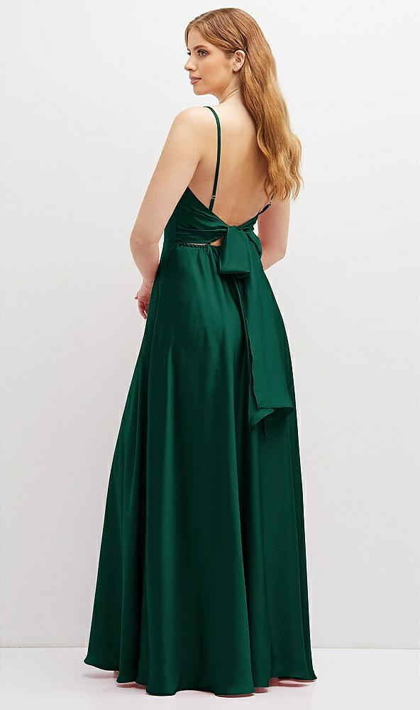 Back View - Hunter Green Adjustable Sash Tie Back Satin Maxi Dress with Full Skirt