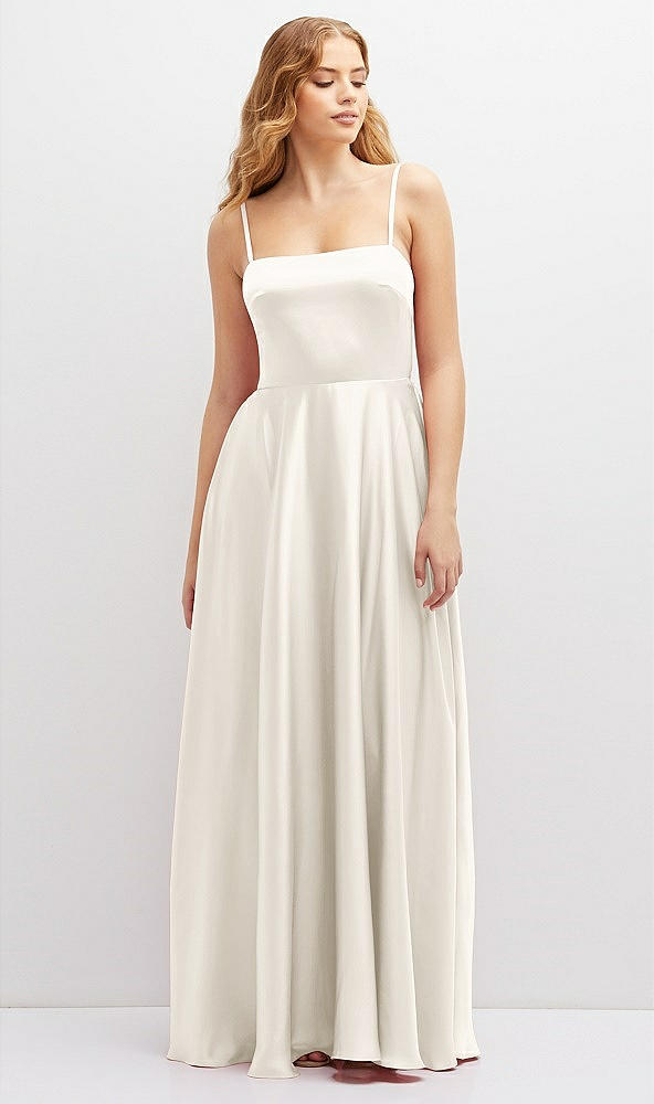 Front View - Ivory Adjustable Sash Tie Back Satin Maxi Dress with Full Skirt
