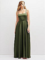 Front View Thumbnail - Olive Green Adjustable Sash Tie Back Satin Maxi Dress with Full Skirt