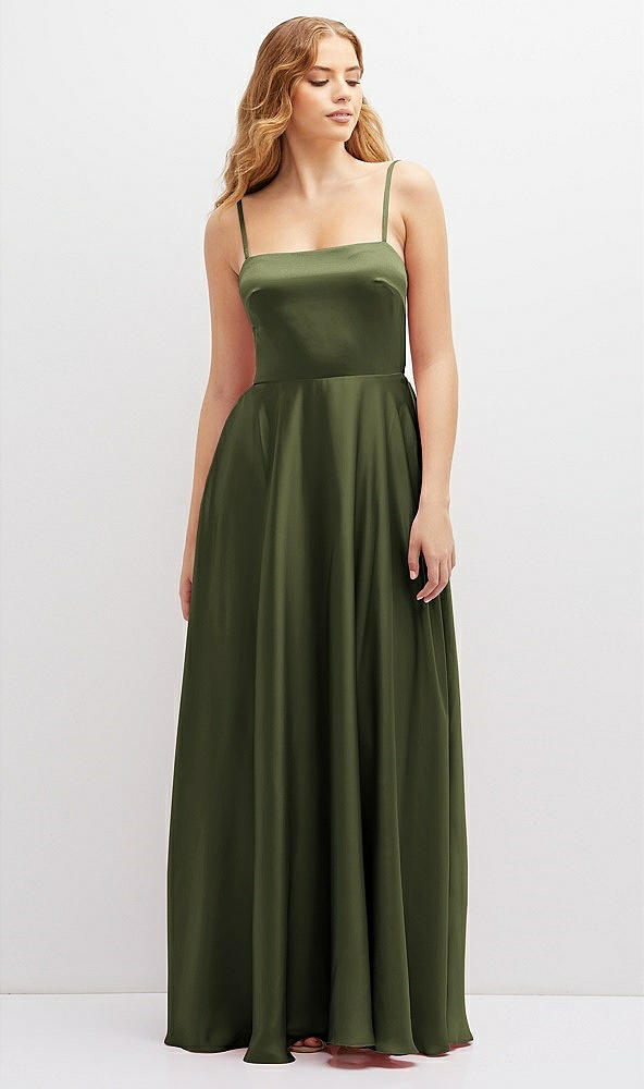 Front View - Olive Green Adjustable Sash Tie Back Satin Maxi Dress with Full Skirt