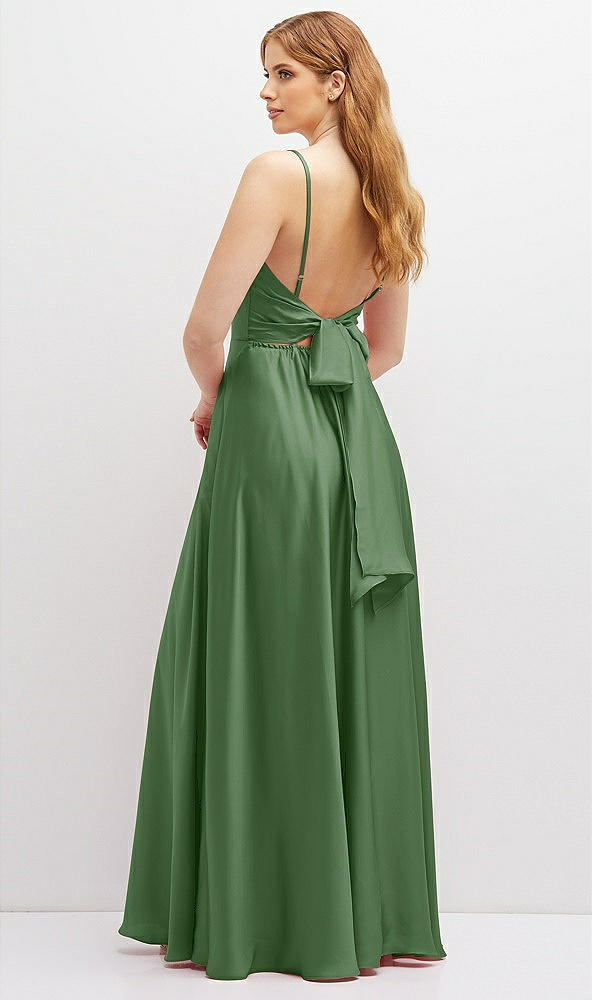 Back View - Vineyard Green Adjustable Sash Tie Back Satin Maxi Dress with Full Skirt