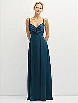 Front View Thumbnail - Atlantic Blue Vertical Ruched Bodice Satin Maxi Dress with Full Skirt
