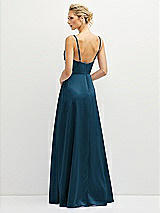 Rear View Thumbnail - Atlantic Blue Vertical Ruched Bodice Satin Maxi Dress with Full Skirt