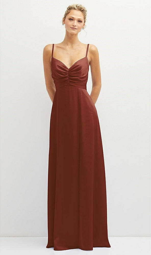 Front View - Auburn Moon Vertical Ruched Bodice Satin Maxi Dress with Full Skirt