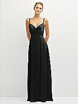 Front View Thumbnail - Black Vertical Ruched Bodice Satin Maxi Dress with Full Skirt