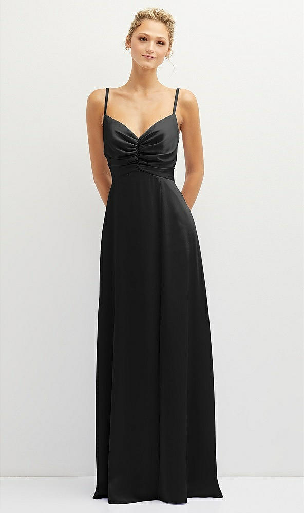 Front View - Black Vertical Ruched Bodice Satin Maxi Dress with Full Skirt