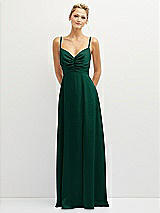 Front View Thumbnail - Hunter Green Vertical Ruched Bodice Satin Maxi Dress with Full Skirt