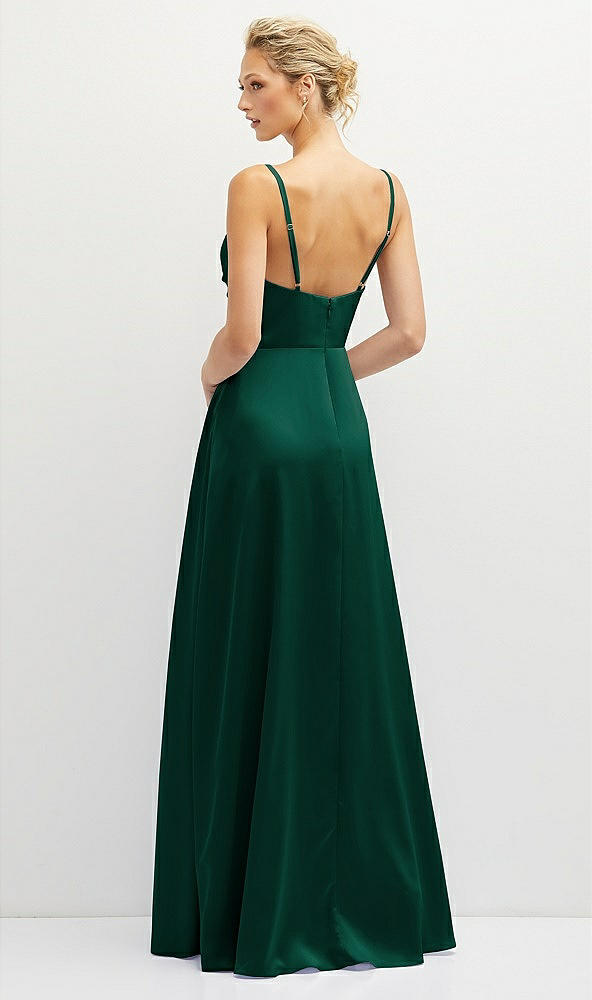 Back View - Hunter Green Vertical Ruched Bodice Satin Maxi Dress with Full Skirt