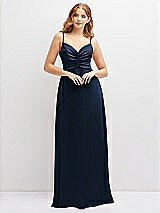 Alt View 1 Thumbnail - Midnight Navy Vertical Ruched Bodice Satin Maxi Dress with Full Skirt