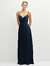 Front View Thumbnail - Midnight Navy Vertical Ruched Bodice Satin Maxi Dress with Full Skirt