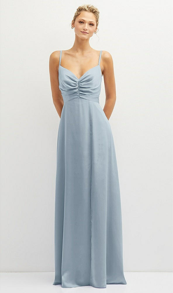 Front View - Mist Vertical Ruched Bodice Satin Maxi Dress with Full Skirt