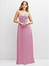 Alt View 1 Thumbnail - Powder Pink Vertical Ruched Bodice Satin Maxi Dress with Full Skirt