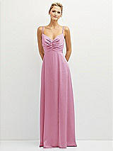 Front View Thumbnail - Powder Pink Vertical Ruched Bodice Satin Maxi Dress with Full Skirt