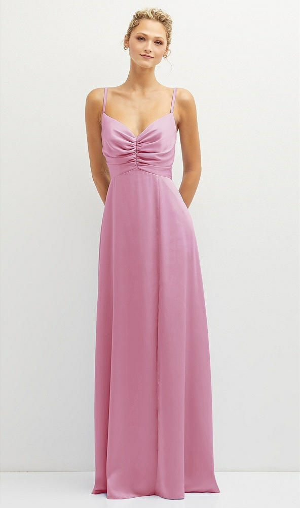 Front View - Powder Pink Vertical Ruched Bodice Satin Maxi Dress with Full Skirt
