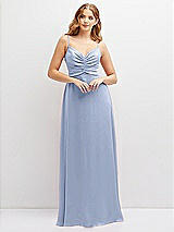 Alt View 1 Thumbnail - Sky Blue Vertical Ruched Bodice Satin Maxi Dress with Full Skirt