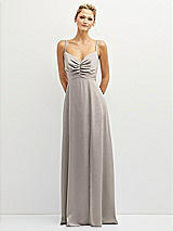 Front View Thumbnail - Taupe Vertical Ruched Bodice Satin Maxi Dress with Full Skirt