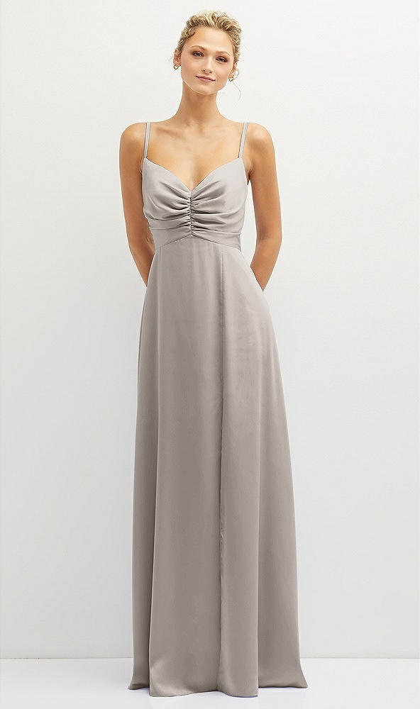 Front View - Taupe Vertical Ruched Bodice Satin Maxi Dress with Full Skirt