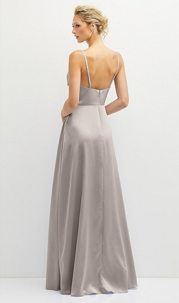 Back View - Taupe Vertical Ruched Bodice Satin Maxi Dress with Full Skirt