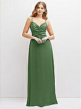 Alt View 1 Thumbnail - Vineyard Green Vertical Ruched Bodice Satin Maxi Dress with Full Skirt