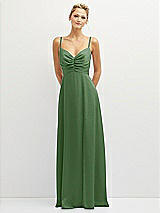 Front View Thumbnail - Vineyard Green Vertical Ruched Bodice Satin Maxi Dress with Full Skirt