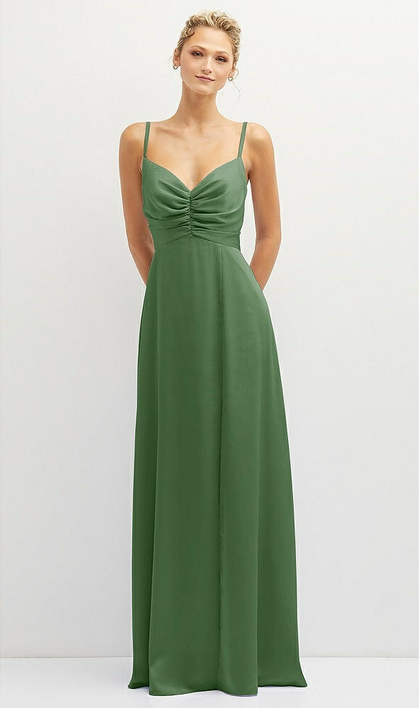 Front View - Vineyard Green Vertical Ruched Bodice Satin Maxi Dress with Full Skirt