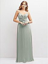 Alt View 1 Thumbnail - Willow Green Vertical Ruched Bodice Satin Maxi Dress with Full Skirt