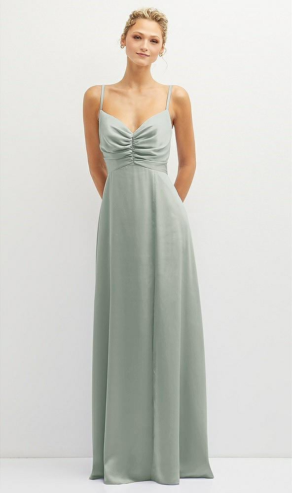 Front View - Willow Green Vertical Ruched Bodice Satin Maxi Dress with Full Skirt