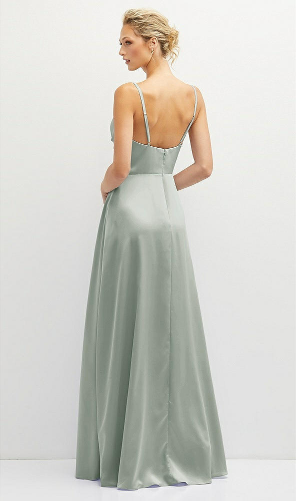 Back View - Willow Green Vertical Ruched Bodice Satin Maxi Dress with Full Skirt