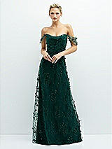 Front View Thumbnail - Evergreen Off-the-Shoulder A-line 3D Floral Embroidered Dress