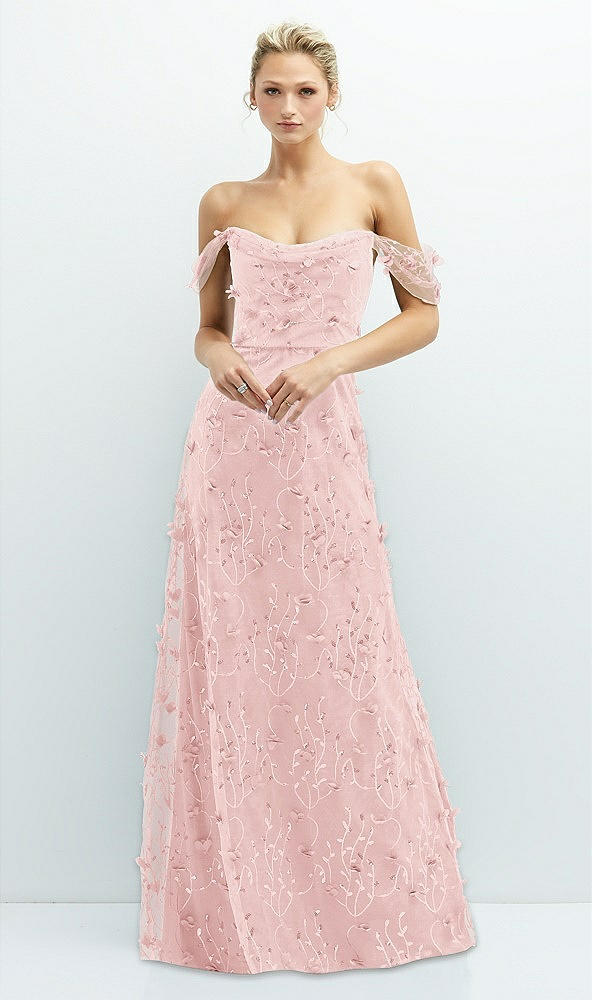 Front View - Rose - PANTONE Rose Quartz Off-the-Shoulder A-line 3D Floral Embroidered Dress