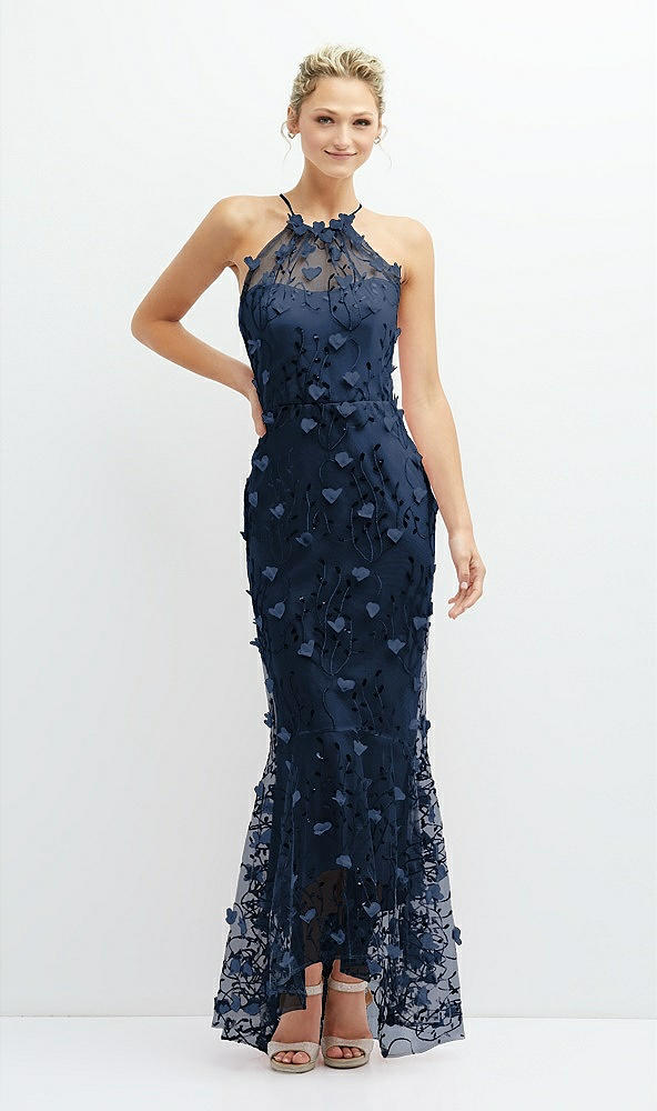 Front View - Midnight Navy Sheer Halter Neck 3D Floral Embroidered Dress with High-Low Hem