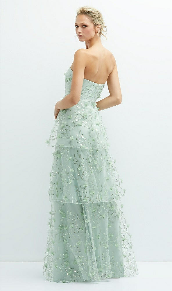 Back View - Celadon Strapless 3D Floral Embroidered Dress with Tiered Maxi Skirt