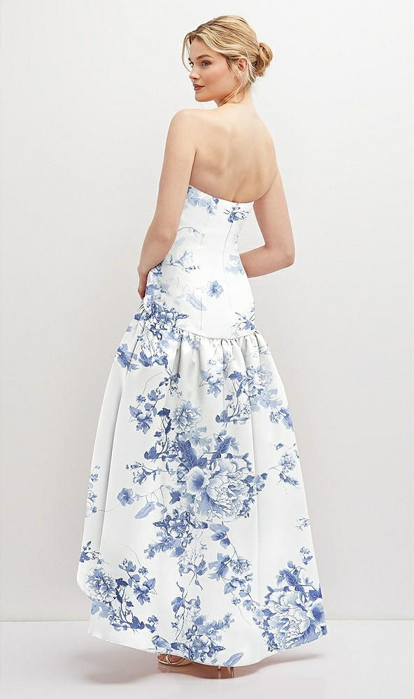 Back View - Cottage Rose Larkspur Strapless Fitted Floral Satin High Low Dress with Shirred Ballgown Skirt
