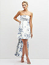 Front View Thumbnail - Cottage Rose Larkspur Floral Strapless Satin Column Mini Dress with Oversized Bow