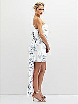 Side View Thumbnail - Cottage Rose Larkspur Floral Strapless Satin Column Mini Dress with Oversized Bow