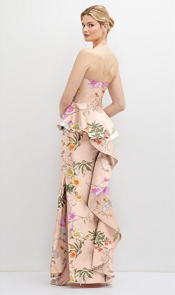 Back View - Butterfly Botanica Pink Sand Floral Strapless Satin Maxi Dress with Cascade Ruffle Peplum Detail