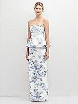 Front View Thumbnail - Cottage Rose Larkspur Floral Strapless Satin Maxi Dress with Cascade Ruffle Peplum Detail