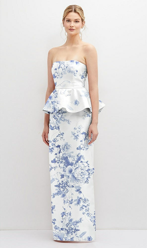 Front View - Cottage Rose Larkspur Floral Strapless Satin Maxi Dress with Cascade Ruffle Peplum Detail