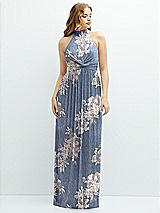 Front View Thumbnail - French Blue Gold Foil Band Collar Halter Open-Back Metallic Pleated Maxi Dress with Floral Gold Foil Print