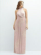 Front View Thumbnail - Pink Gold Foil Band Collar Halter Open-Back Metallic Pleated Maxi Dress with Floral Gold Foil Print