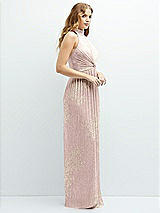 Side View Thumbnail - Pink Gold Foil Band Collar Halter Open-Back Metallic Pleated Maxi Dress with Floral Gold Foil Print
