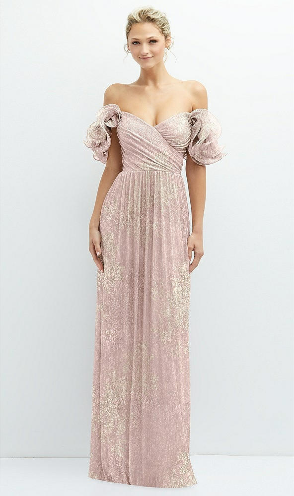 Front View - Pink Gold Foil Dramatic Ruffle Edge Convertible Strap Metallic Pleated Maxi Dress with Floral Gold Foil Print