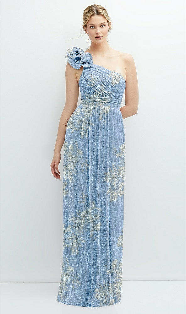 Front View - Larkspur Gold Foil Dramatic Ruffle Edge One-Shoulder Metallic Pleated Maxi Dress with Floral Gold Foil Print